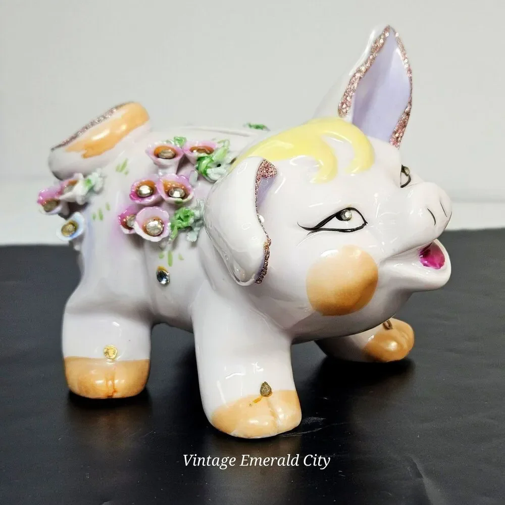 Vtg Lefton Piggy Bank Hand Painted Applied Flowers Rhinestones Vintage 1950 READ